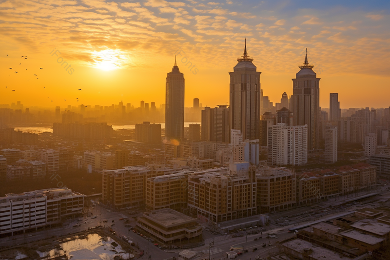 昏黄夕阳阳光中的海滨高楼大厦建筑场景,高清,摄影图,摄影图片,图片大全,摄影图免费下载